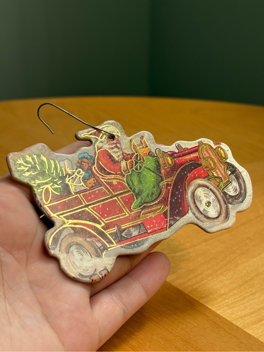 Vintage Die Cut Cardboard Santa Claus Driving Old Car Christmas Tree Ornament
